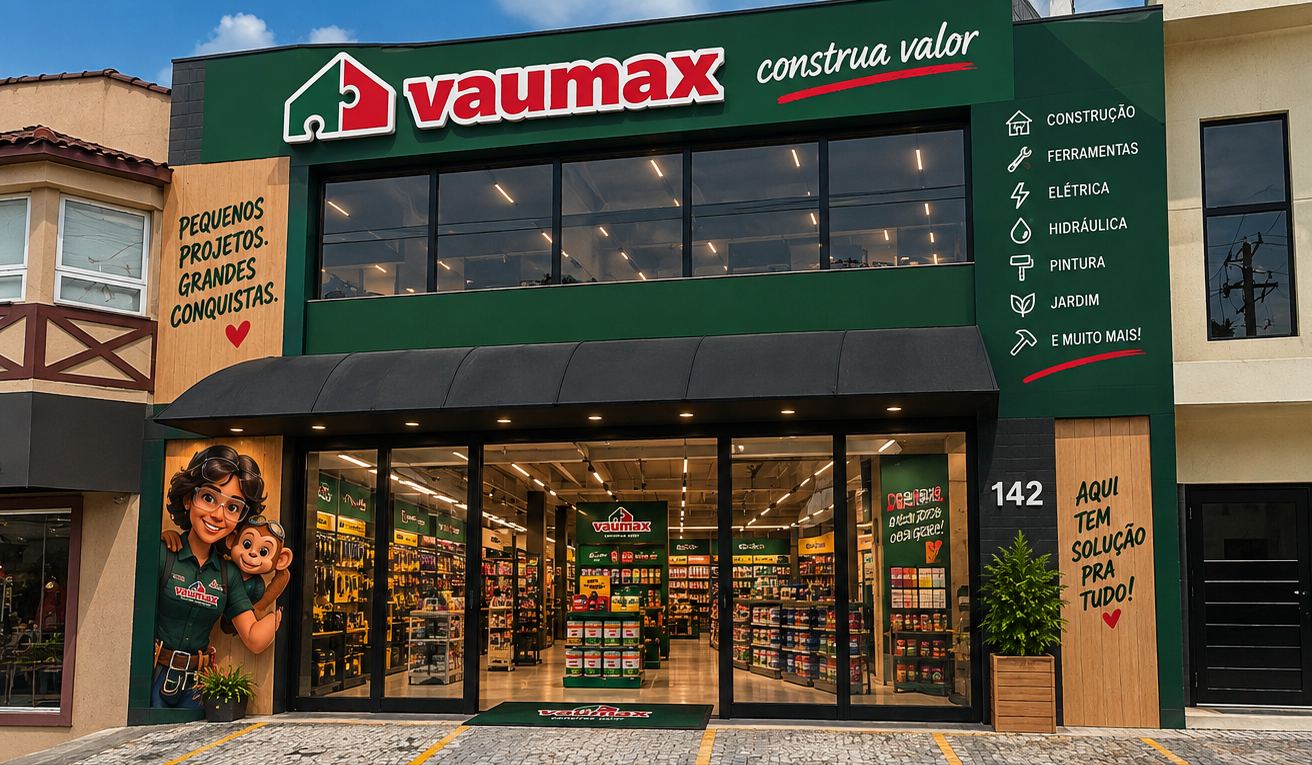 Fachada de uma loja VAUMAX com a marca construa valor