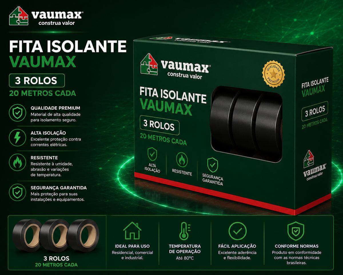 Fita isolante VAUMAX, caixa com 3 rolos de 20 metros