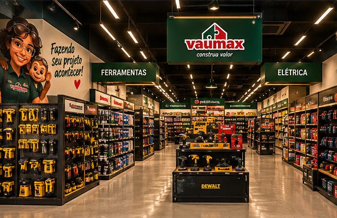 Interior de loja VAUMAX com setores de ferramentas e elétrica