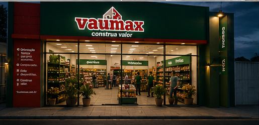 Loja VAUMAX iluminada à noite