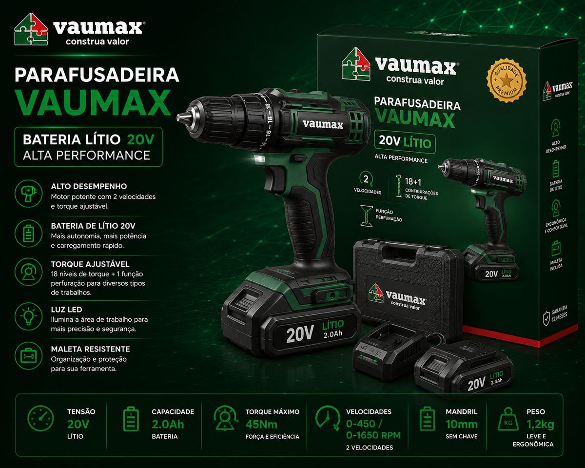 Parafusadeira VAUMAX 20V lítio com maleta, carregador e bateria extra