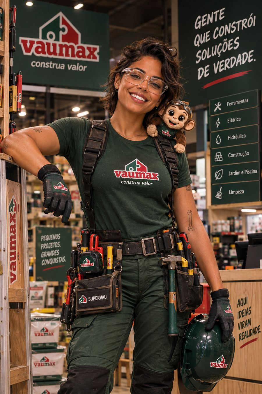 SuperVau, personagem da VAUMAX, com cinto de ferramentas, capacete e o macaquinho mascote no ombro